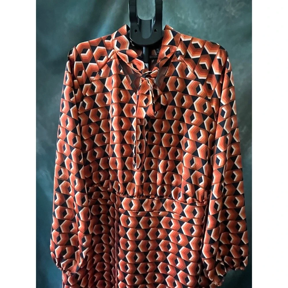 Worthington Women's Geometric Print Long Sleeve Maxi Dress Size 2X Orange - Picture 2 of 7
